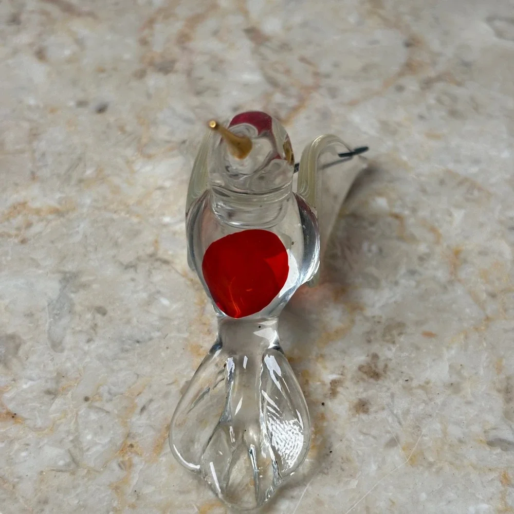 Hand‎ Blown Glass Hummingbird Ornament Clear Red Gold 3 Inch Art Glass